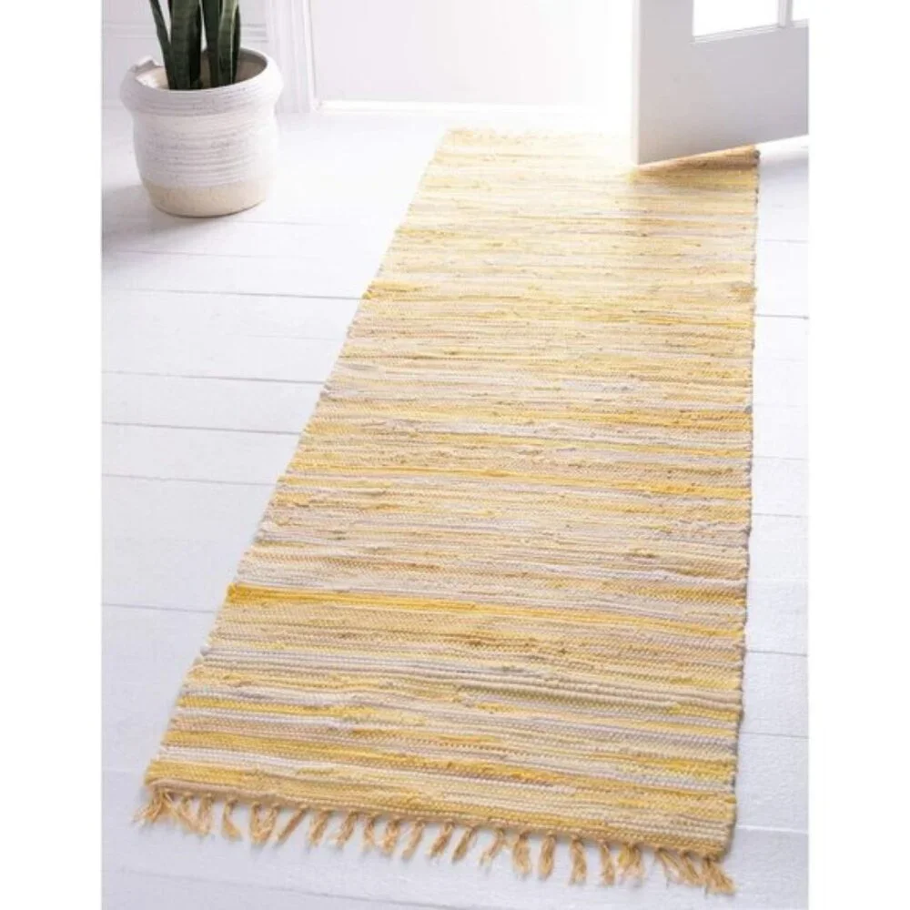 New Chindi Cotton Hand-Woven Rug, 2.7 x 9.10 ft Striped Natural Fiber, Yellow